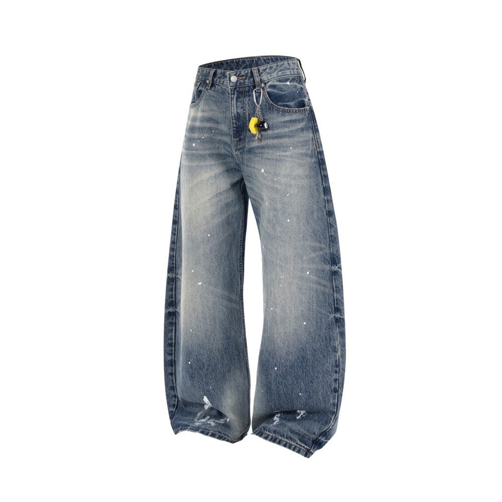 Wide-Leg Baggy Jeans – Vintage Wash, Paint Splatter & Distressed Hem