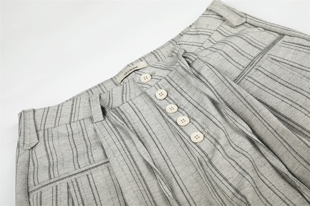 Wide-Leg Striped Trousers – Button-Fly Pleated Straight-Cut Pants