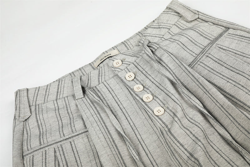 Wide-Leg Striped Trousers – Button-Fly Pleated Straight-Cut Pants