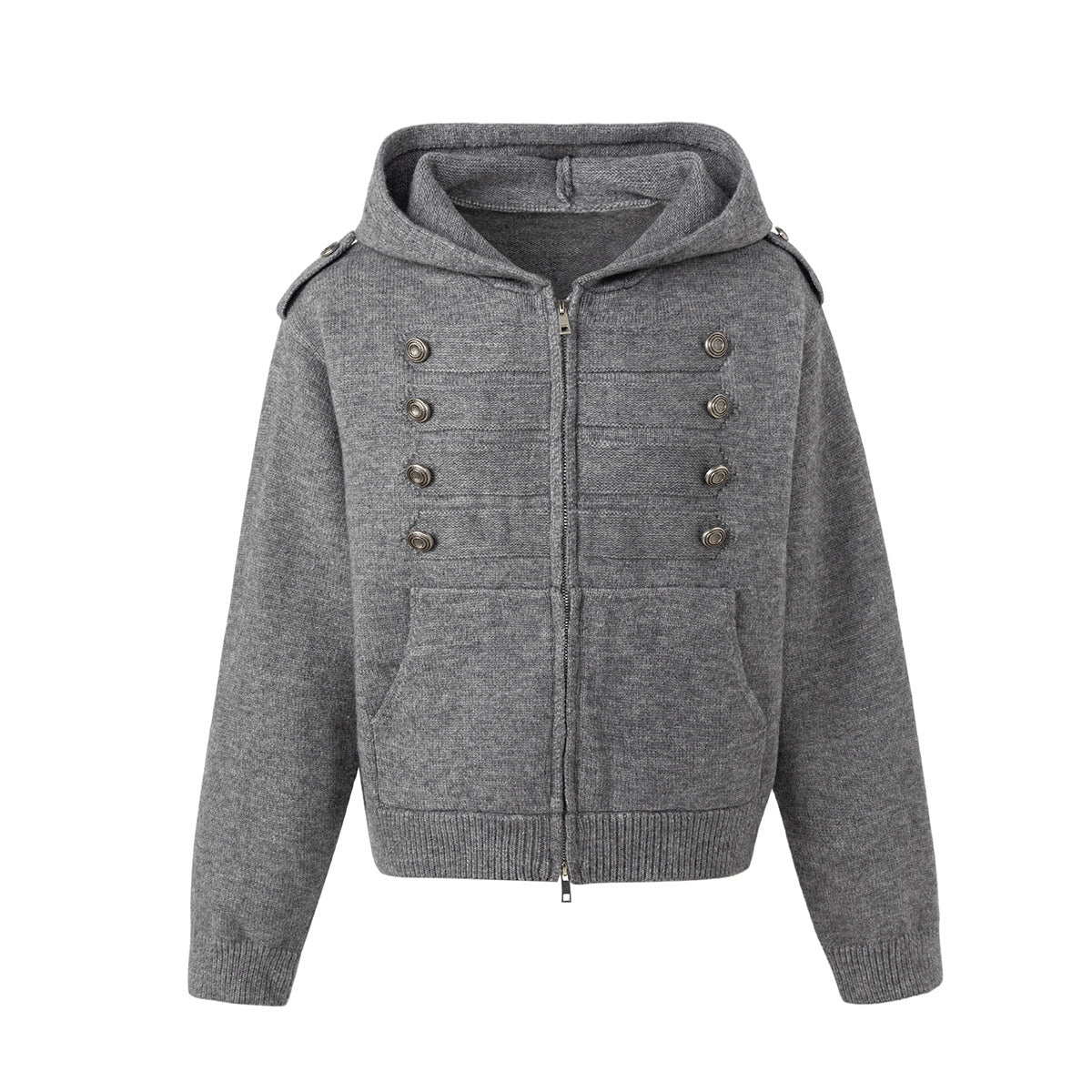 Napoleon Double-Breasted Knit Zip-Up Hoodie with Metal Buttons