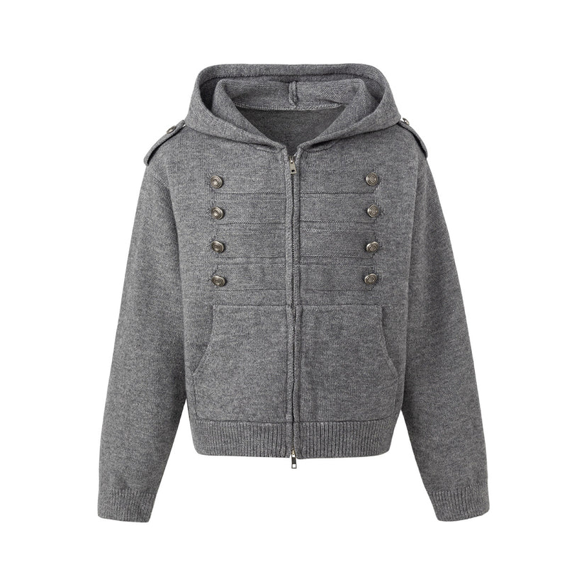 Napoleon Double-Breasted Knit Zip-Up Hoodie with Metal Buttons
