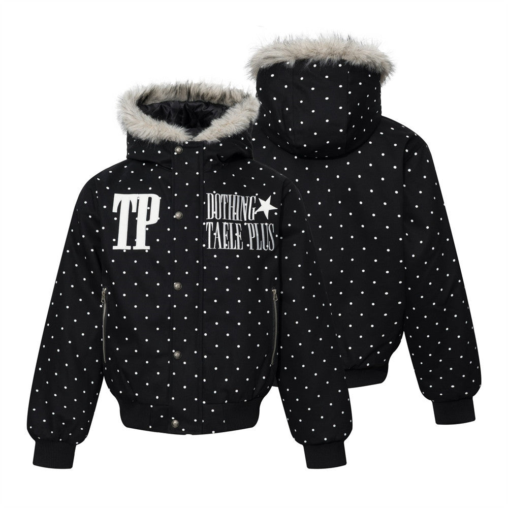 Bomberjacke mit Kapuze, Kunstfellbesatz und besticktem Schriftzug im Polka-Dot-Muster