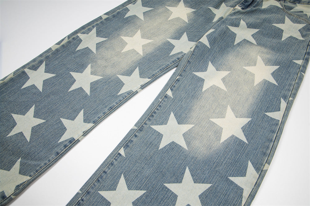 All-Over Star Print Wide Leg Jeans – Vintage Wash Retro Streetwear Denim