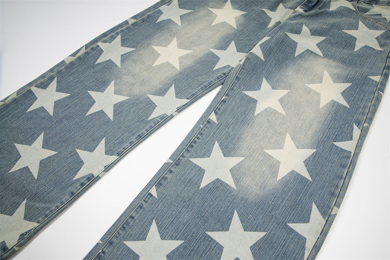All-Over Star Print Wide Leg Jeans – Vintage Wash Retro Streetwear Denim