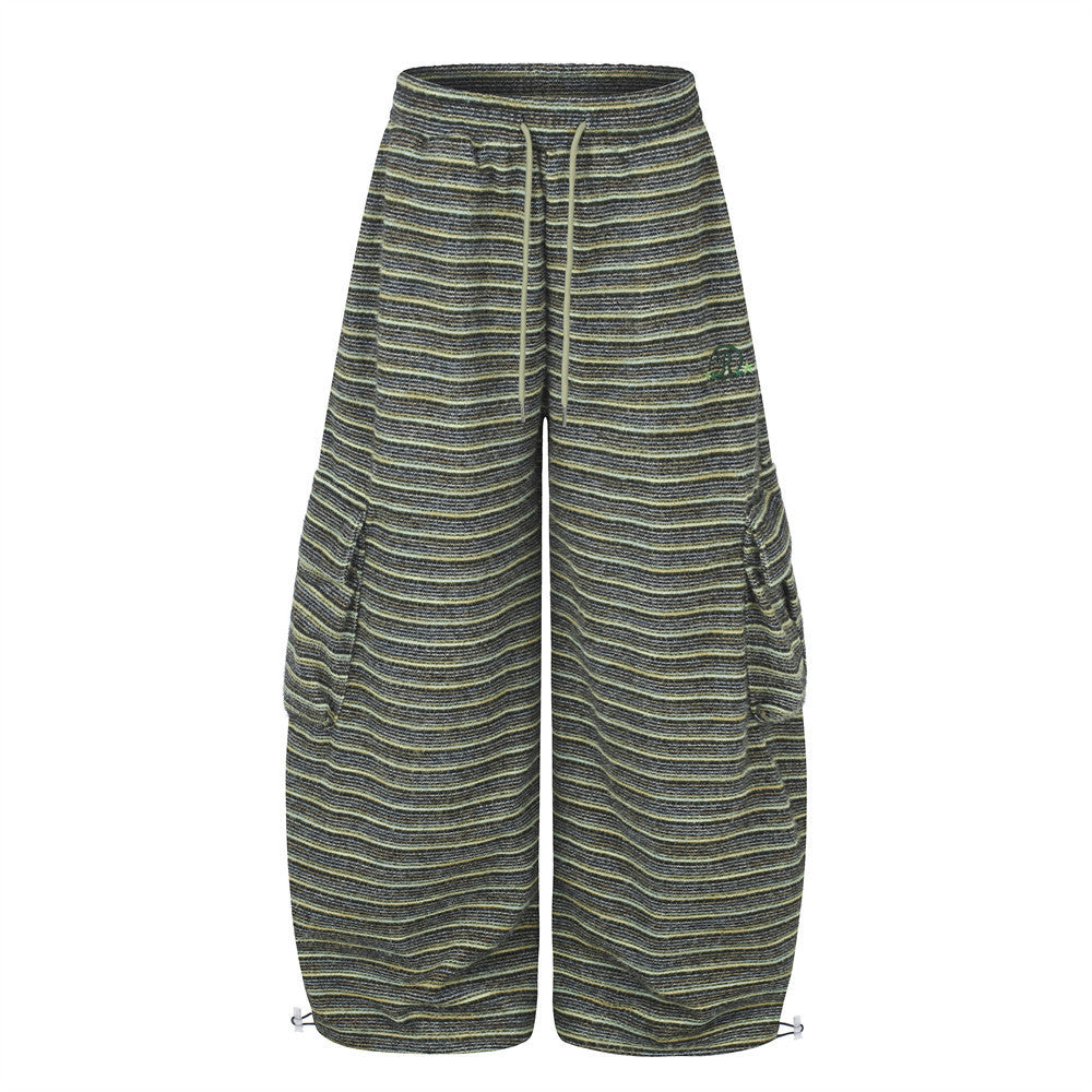 Wide-Leg Striped Cargo Pants – Relaxed Fit Multi-Pocket Streetwear Trousers