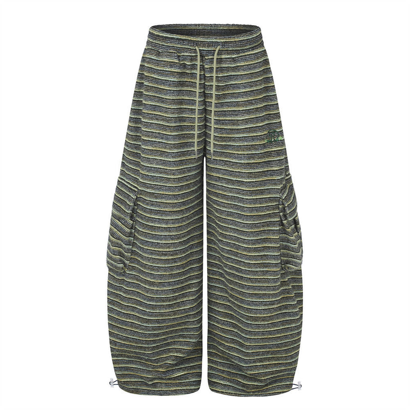 Wide-Leg Striped Cargo Pants – Relaxed Fit Multi-Pocket Streetwear Trousers