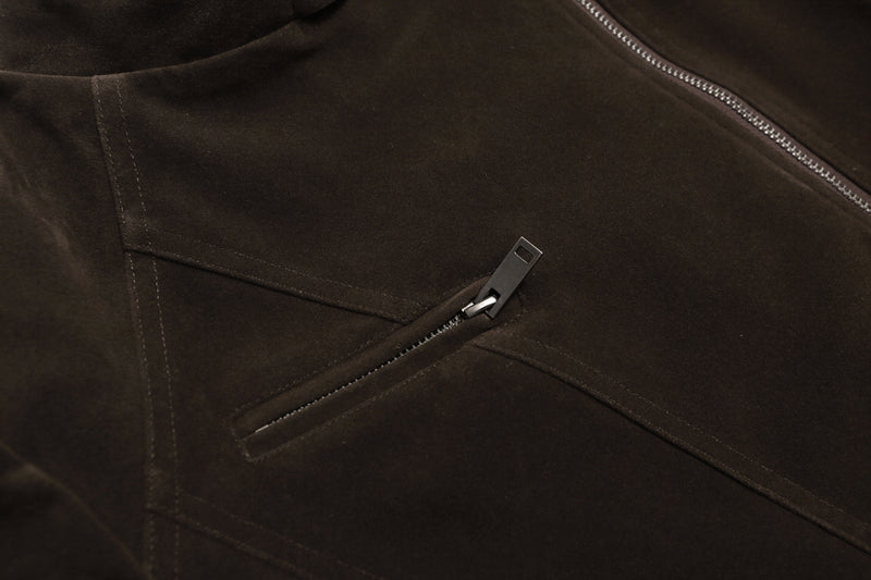 Suede Moto Biker Jacket – Cropped Stand Collar Asymmetric Zip