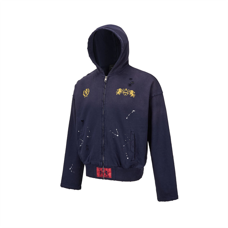 Oversized Zip-Up Hoodie Men — Distressed Heraldic Embroidery, Cropped Bomber Fit