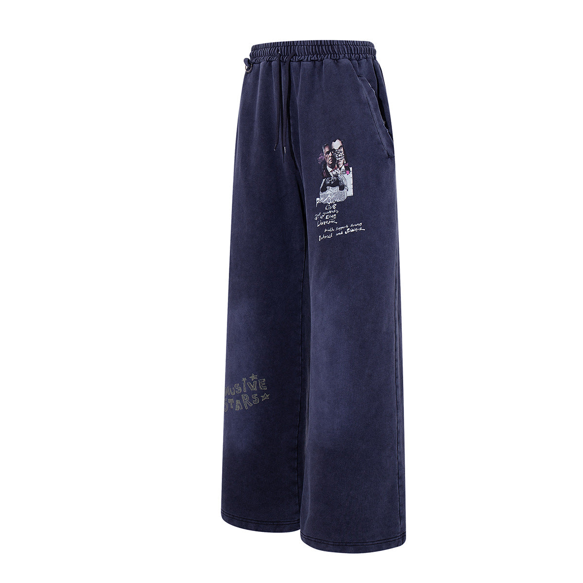 Wide-Leg Acid Wash Sweatpants – Vintage Graphic Print, Navy