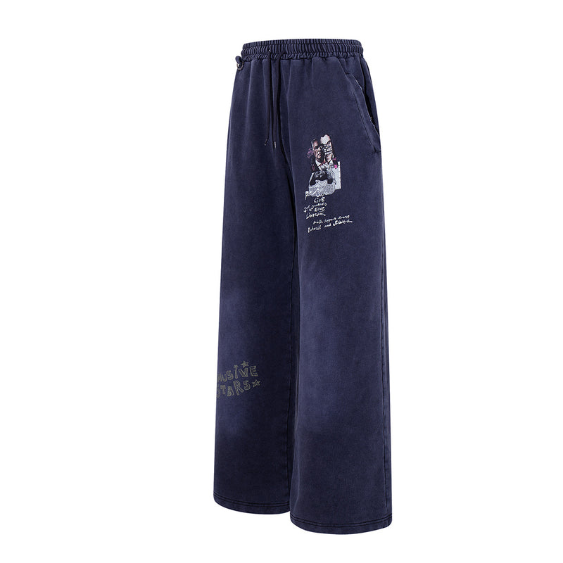 Wide-Leg Acid Wash Sweatpants – Vintage Graphic Print, Navy