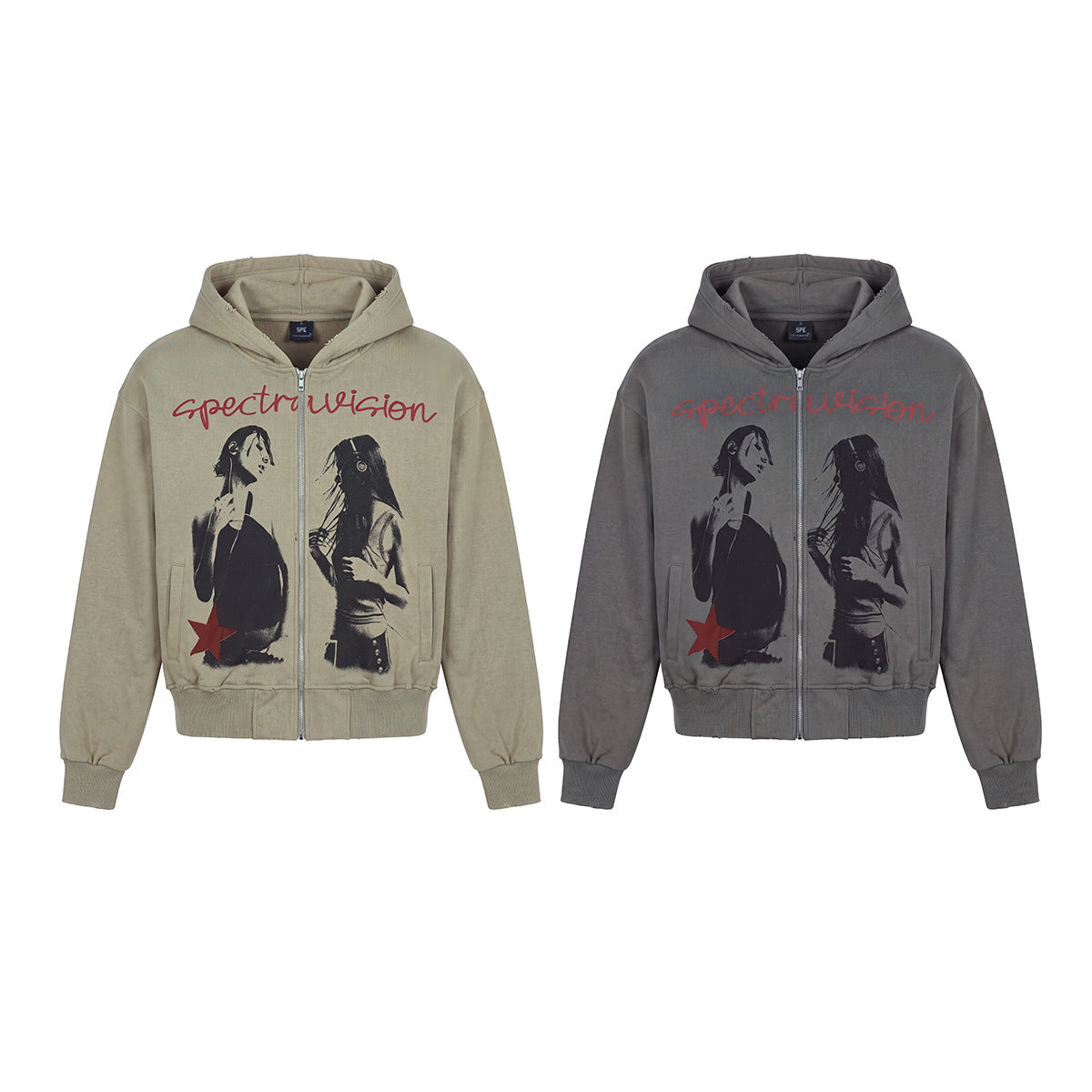 Spectravision Graphic Zip-Up Hoodie – Washed Oversized Heavy Fleece
