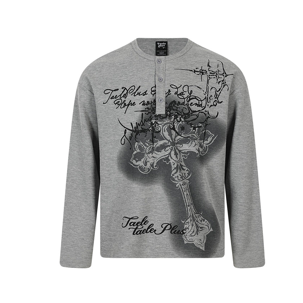 Langarm-Henleyshirt aus Waffelstrick mit übergroßem dunklem Kreuz und kursivem Schriftzug-Print in Weiß und Hellgrau