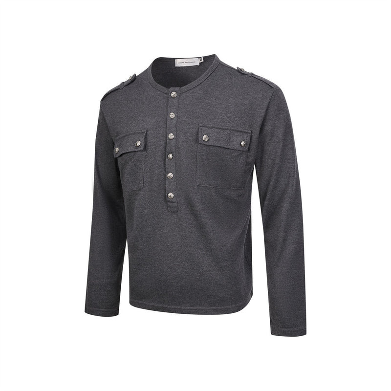 Men's Henley Long Sleeve T-Shirt with Metal Buttons & Dual Chest Pockets
