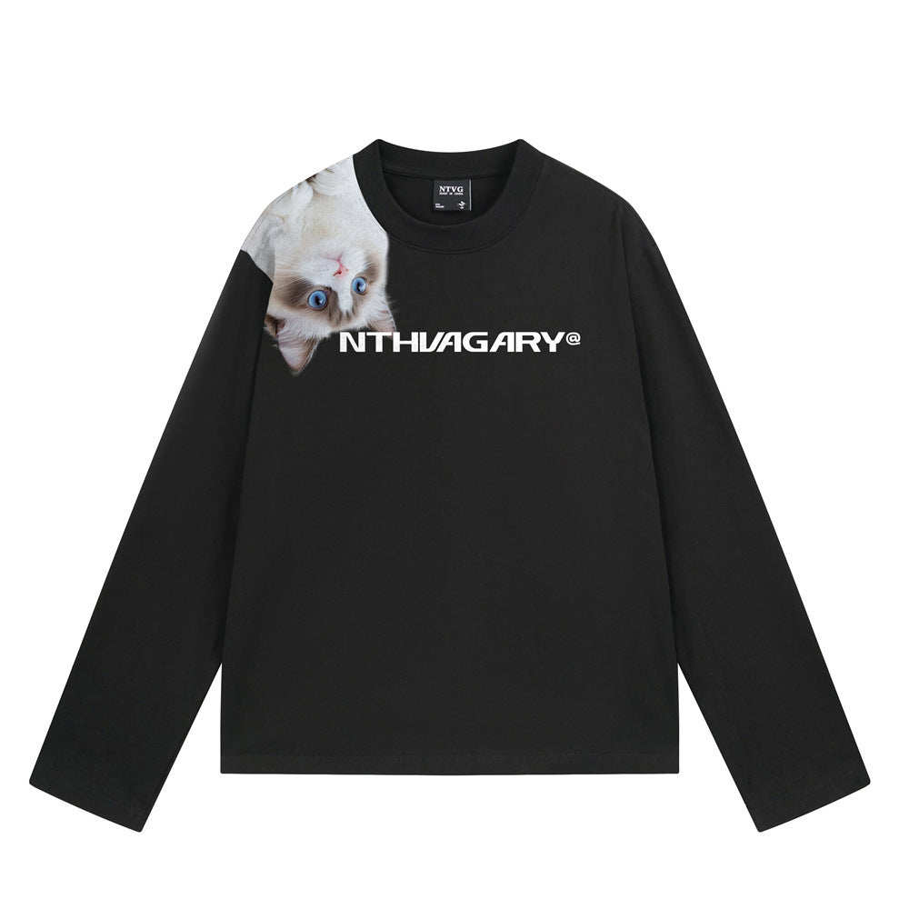 Langarmshirt mit Rundhalsausschnitt und 3D-Katzengrafik-Druck – Lässige Passform