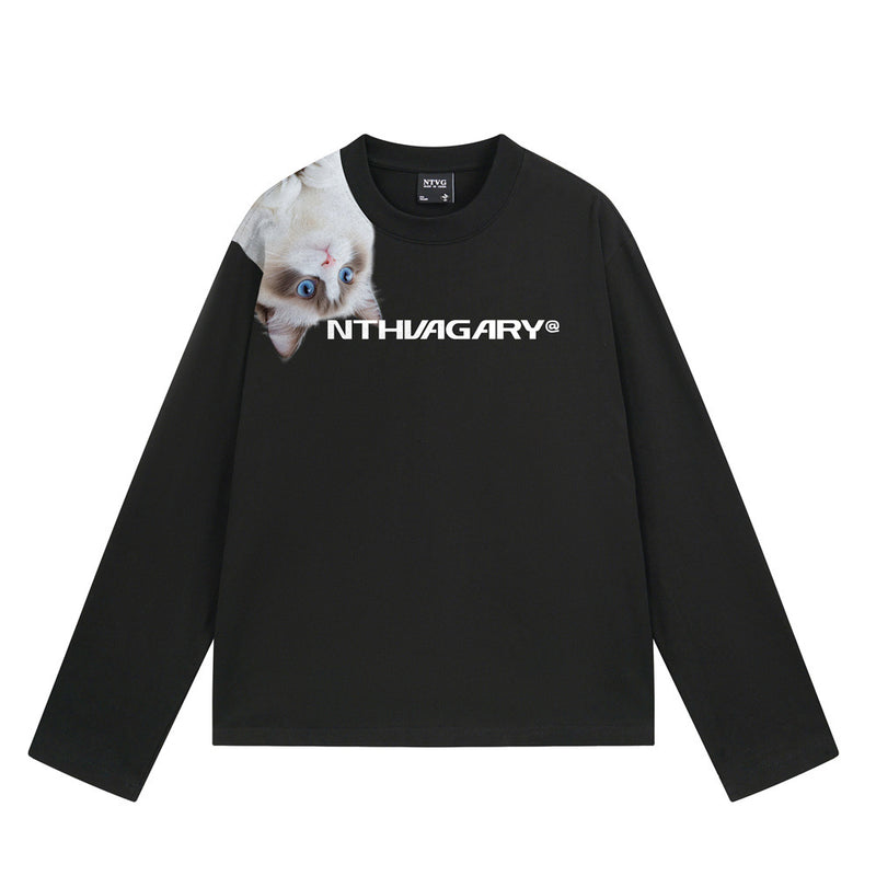 Langarmshirt mit Rundhalsausschnitt und 3D-Katzengrafik-Druck – Lässige Passform