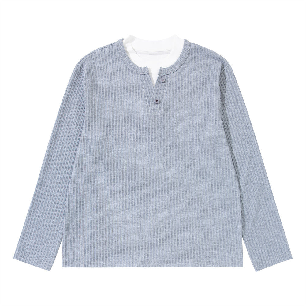 Men's grey ribbed vertical stripe long sleeve Henley shirt with faux-layered white contrast collar, front view