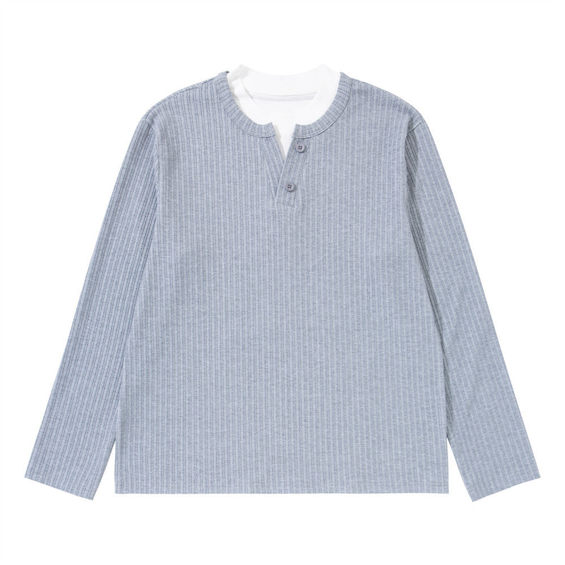 Men's grey ribbed vertical stripe long sleeve Henley shirt with faux-layered white contrast collar, front view