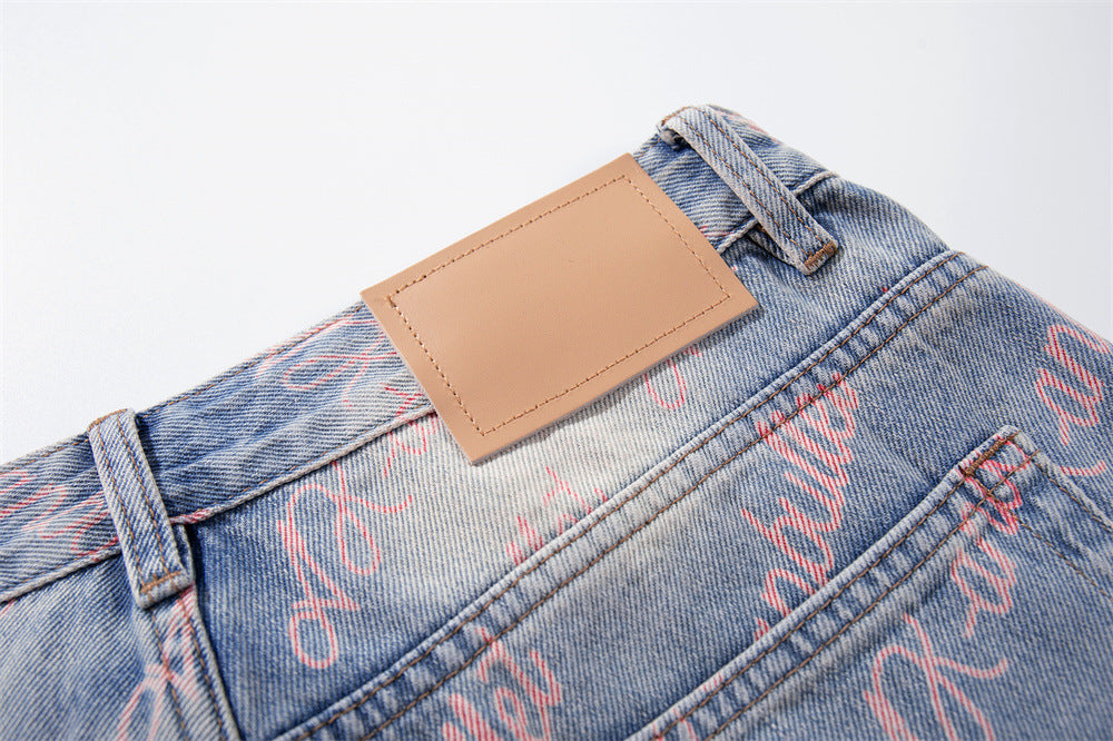 Wide-Leg Jeans with Allover Pink Script Print – Light Blue Washed Denim