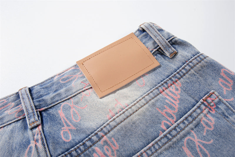 Wide-Leg Jeans with Allover Pink Script Print – Light Blue Washed Denim