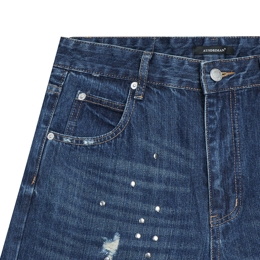 Herren-Bootcut-Jeans im Distressed-Look mit Nieten – Dunkelblauer Flare-Denim mit Karomuster