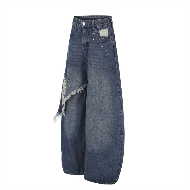 Jean large déchiré pour homme avec ornements en strass et étoiles