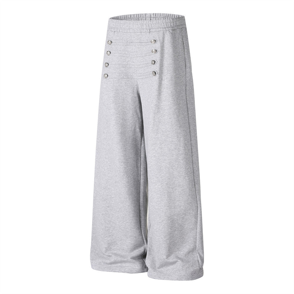 Wide-Leg Sweatpants with Double-Breasted Metal Buttons & Elastic Waist