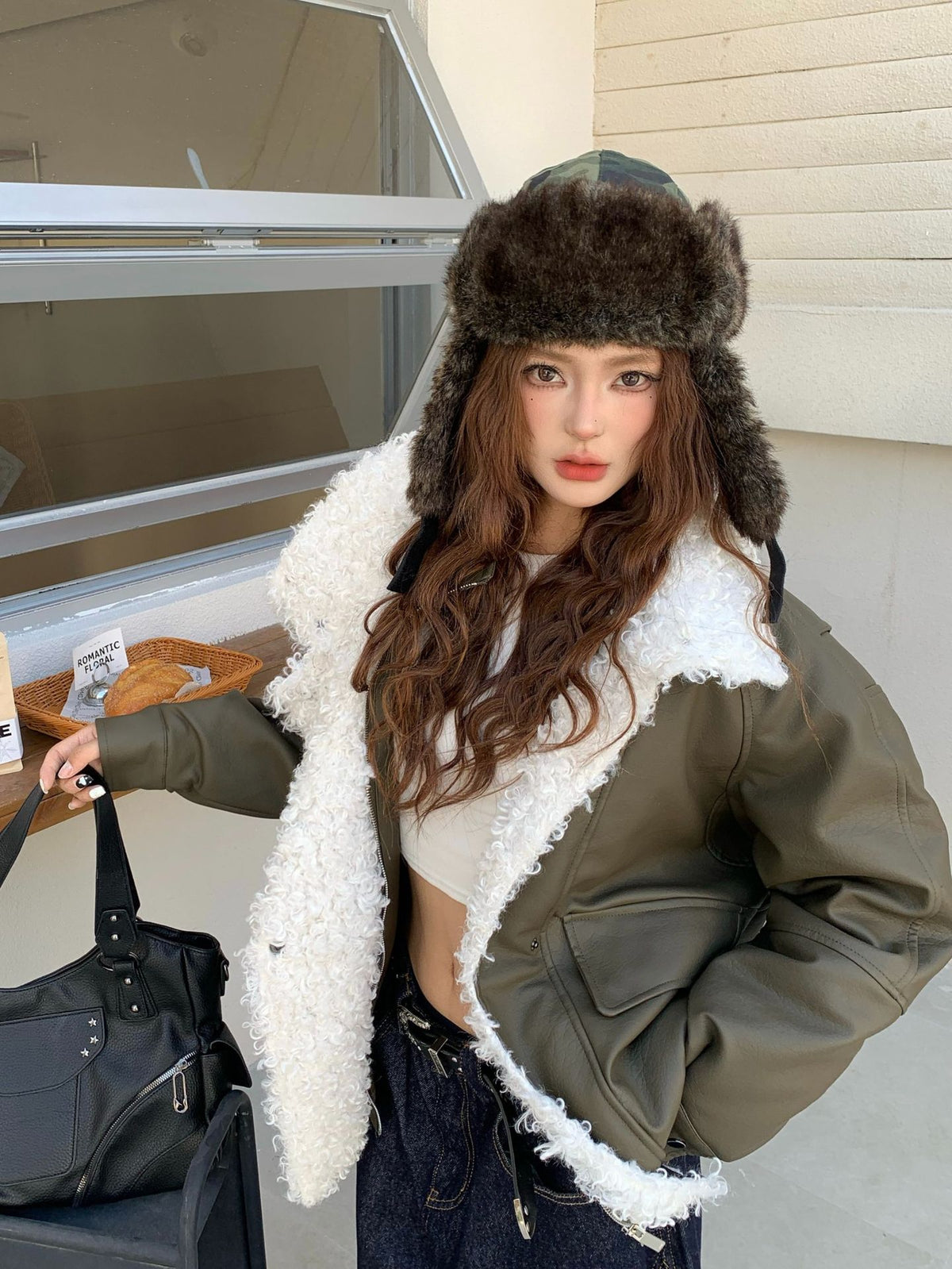 Veste en simili cuir et fourrure, bomber oversize à col sherpa