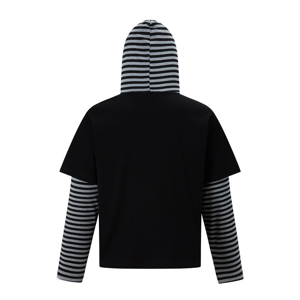 Long Sleeve Hoodie T-Shirt – Faux Layered Union Jack Rhinestone Stripe Design