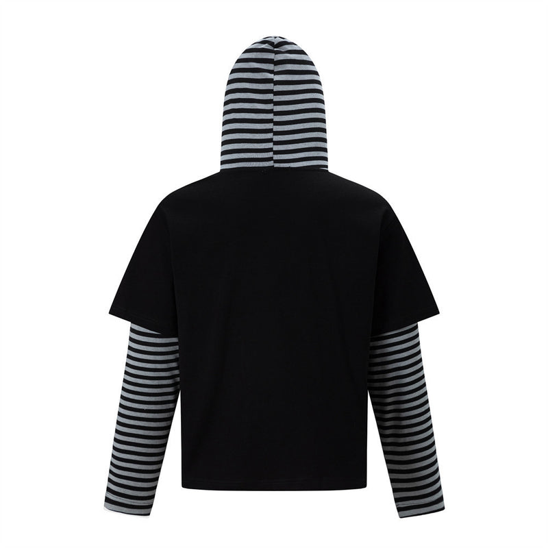 Long Sleeve Hoodie T-Shirt – Faux Layered Union Jack Rhinestone Stripe Design