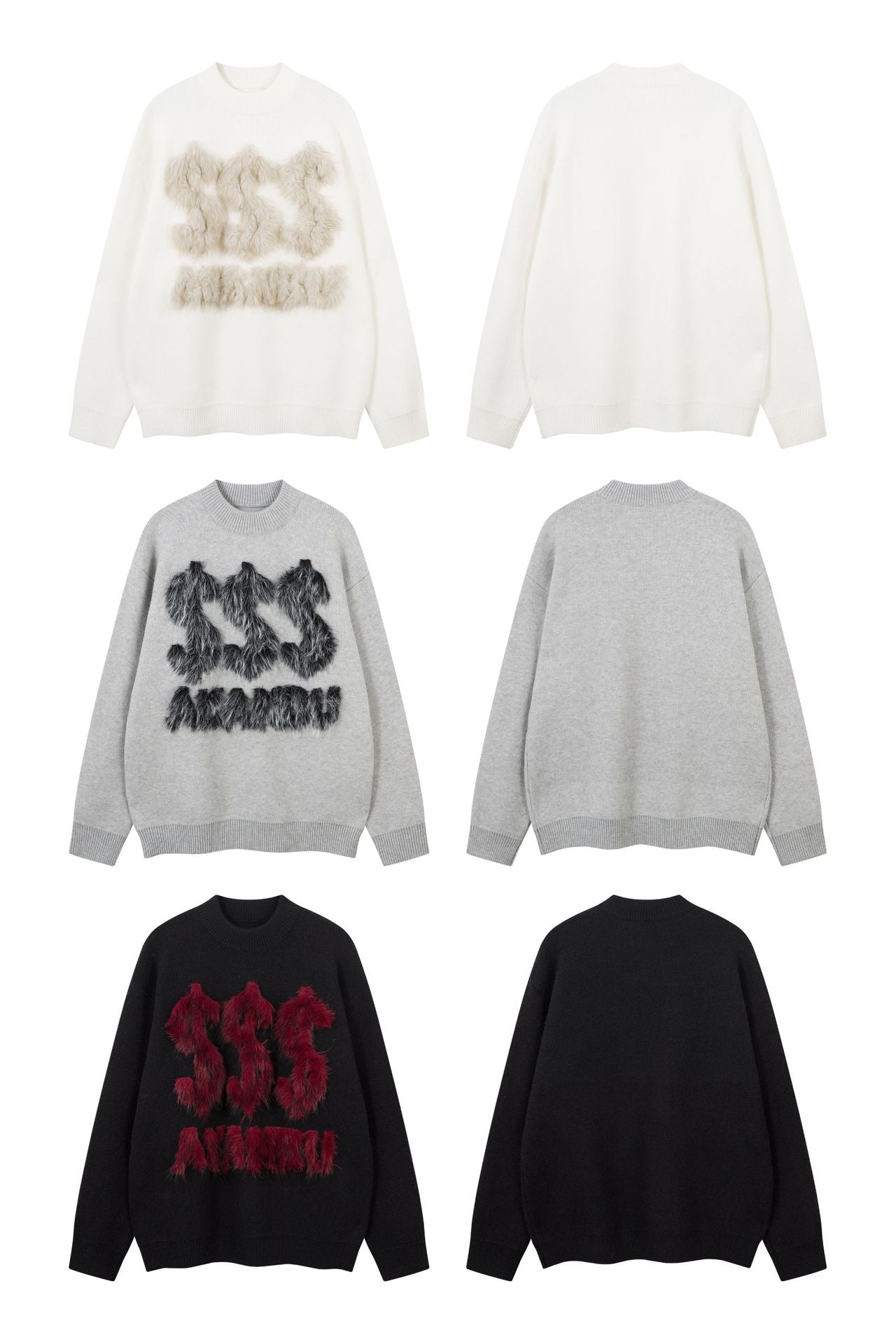 Pull gris à col rond – Maille oversize avec motif en fausse fourrure