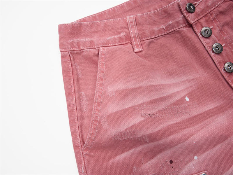 Rosa Wide-Leg-Canvas-Hose mit Destroyed-Details – Paint-Splatter-Workwear-Jeans