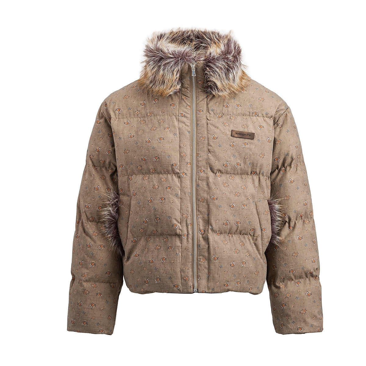 Floral Print Puffer Jacket with Faux Fur Collar – Cropped Fit Men's Winter Coat