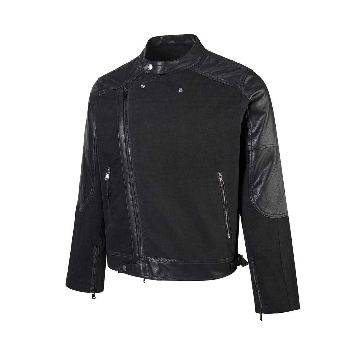 Boxy Moto Jacket – Black Denim & PU Leather Panel Biker Jacket