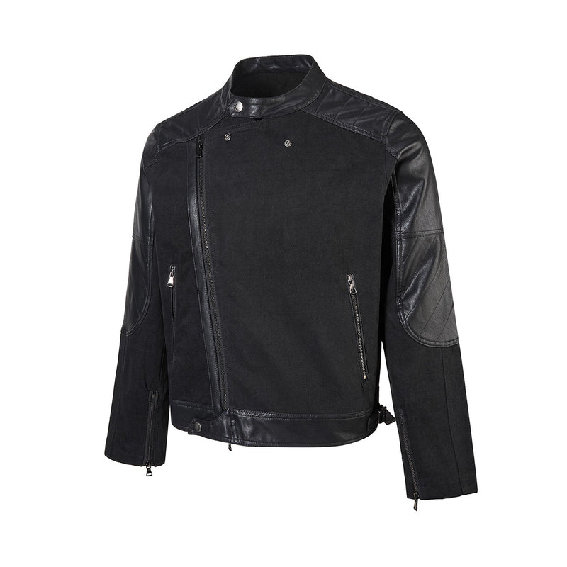 Boxy Moto Jacket – Black Denim & PU Leather Panel Biker Jacket