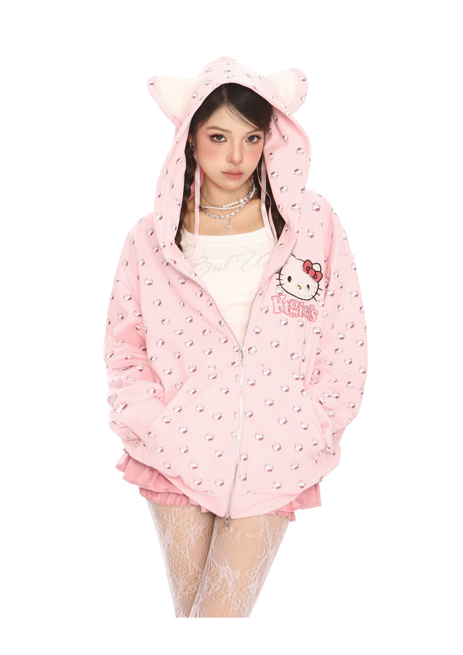 Hello Kitty Pink Kawaii Hoodie – Cute Oversized Zip-Up with Cat Ear Hood and All-Over Print