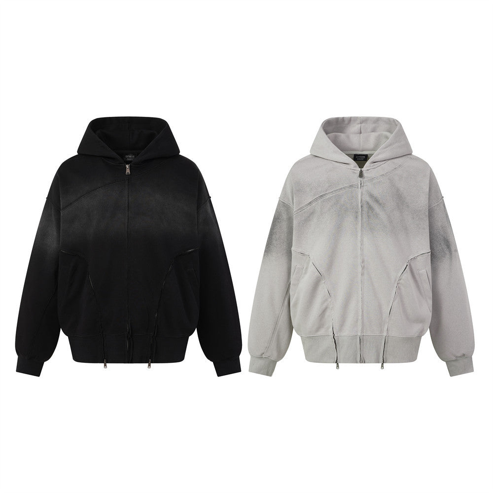 Sweat à capuche oversize zippé – Finition délavée usée, poches à multiples zips et bords bruts