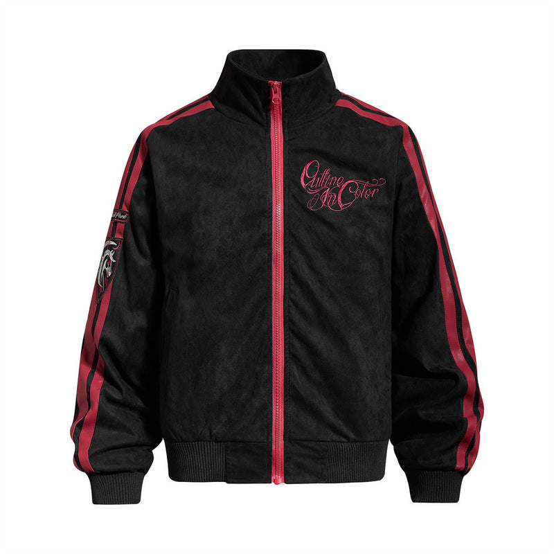 Suede Bomber Jacket Men's Black Embroidered Stand-Collar Track Jacket