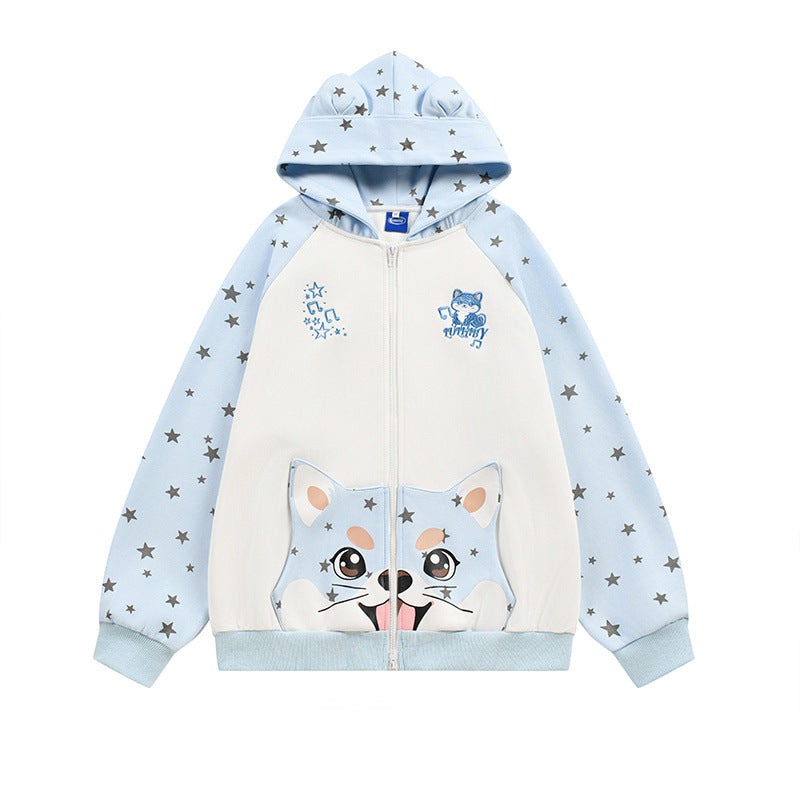 Hoodie with Cool Designs – Star Print Cartoon Cat Zip-Up Hoodie with Ear Hood