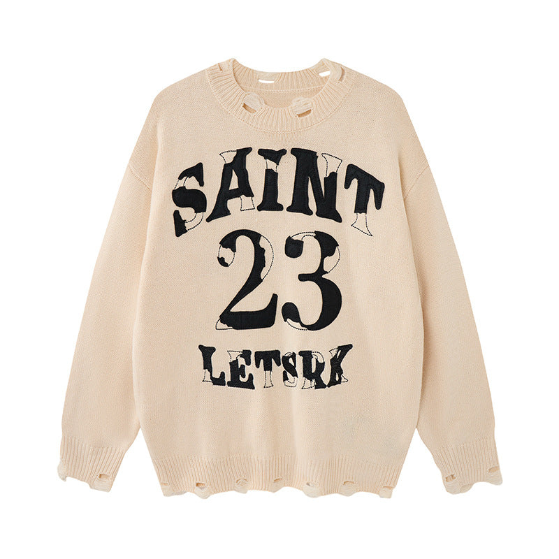 Pull oversize à col rond en maille destroy Saint 23 – Sweat streetwear