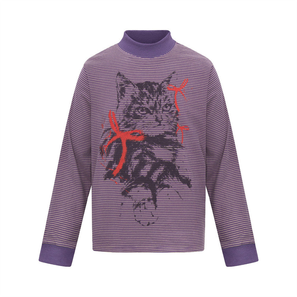 Men's purple and beige striped mock neck long sleeve tee with hand-drawn cat graphic print on the front