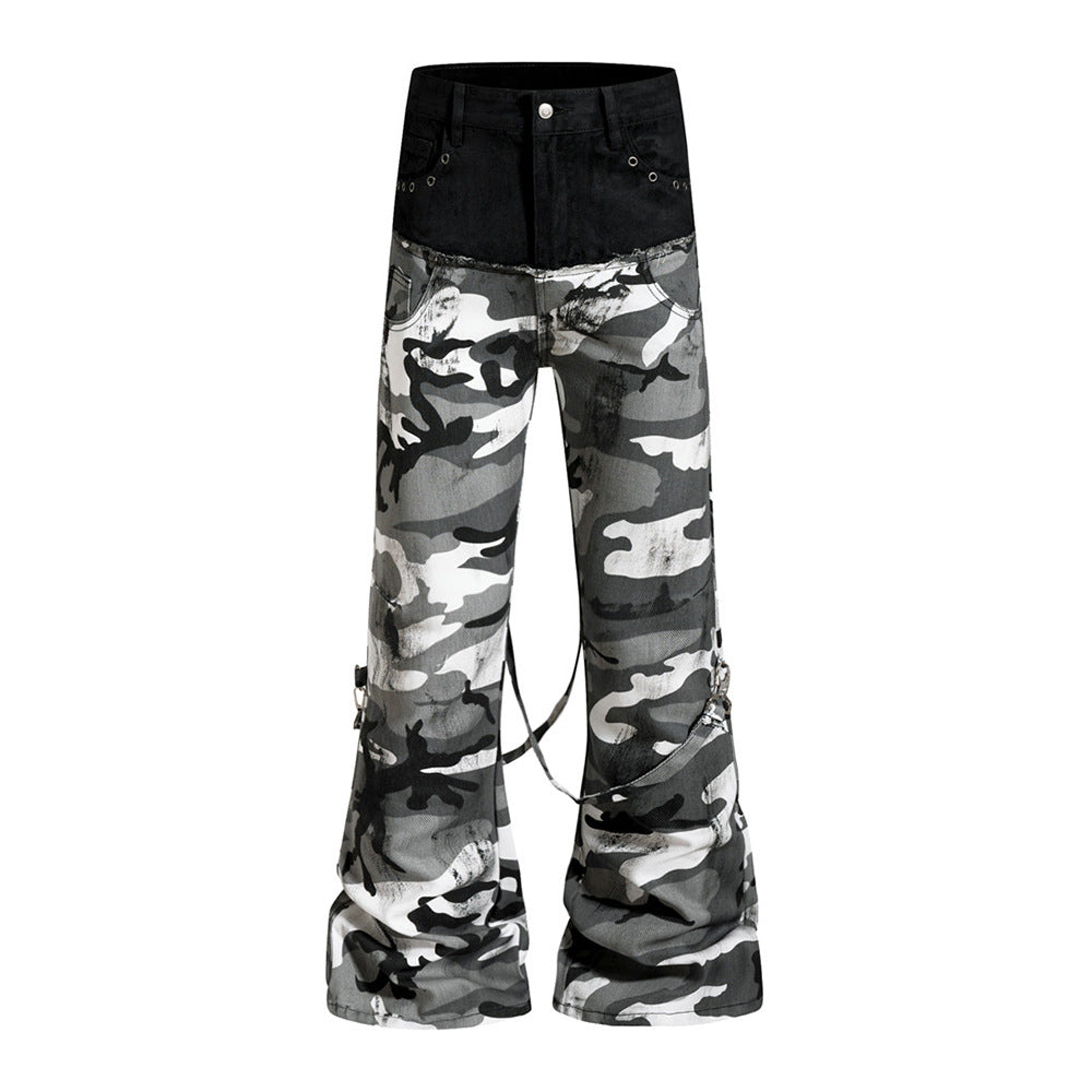 Men's colorblock camo bell bottom flare pants with black denim upper panel, punk eyelet trim, and adjustable strap hardware o