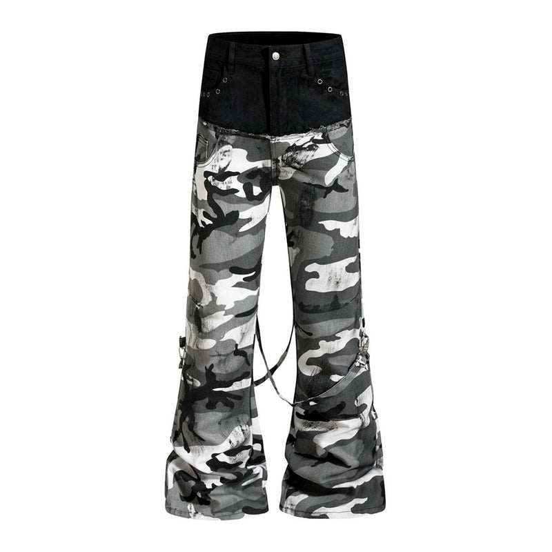Men's colorblock camo bell bottom flare pants with black denim upper panel, punk eyelet trim, and adjustable strap hardware o