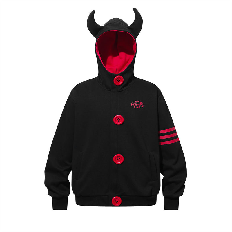 Demon Horn Hoodie – Oversized Button-Front Sweatshirt with 3-Stripe Sleeve