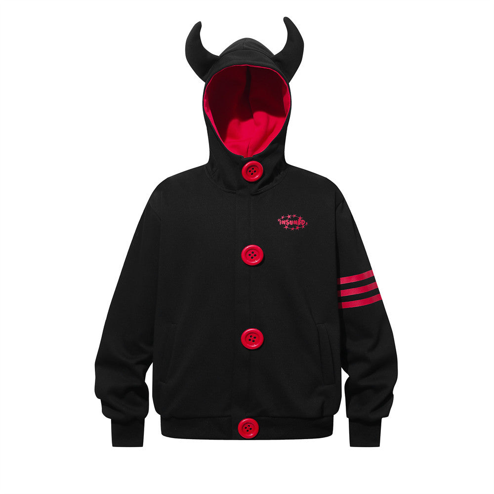 Oversized demon horn hoodie in black with red buttons, contrast red hood lining, and 3-stripe sleeve detail