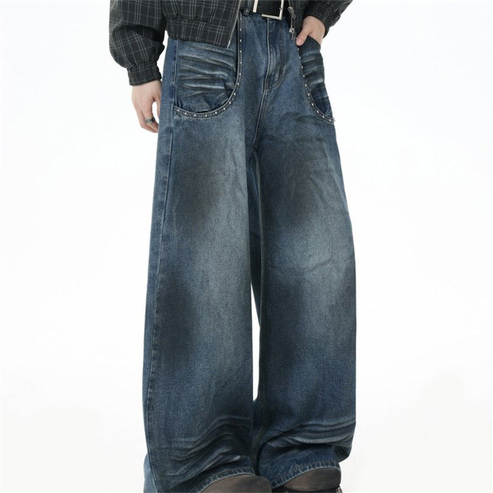 Straight Leg Jeans Mens Wide-Leg Punk Washed Denim with Rivet Pocket Detail