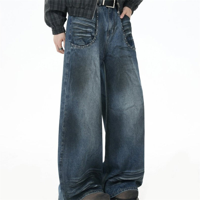 Straight Leg Jeans Mens Wide-Leg Punk Washed Denim with Rivet Pocket Detail