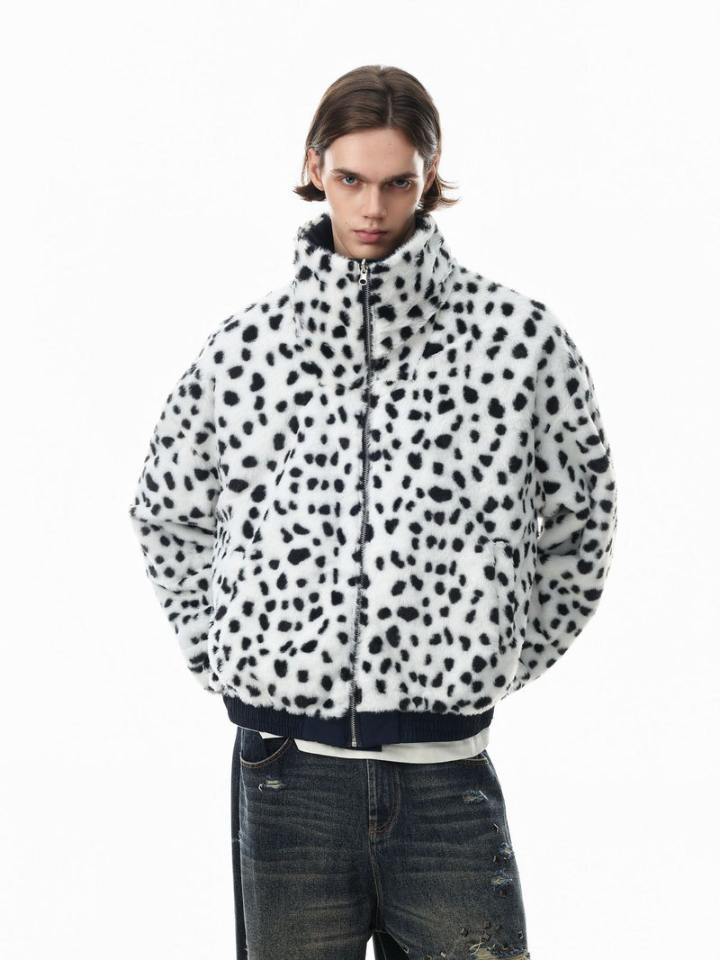 Reversible Dalmatian Faux Fur Bomber Jacket – Two-Way Wear Padded Coat