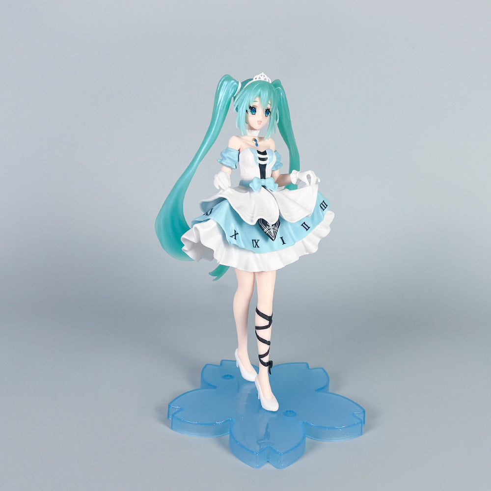 The &quot;Hatsune Miku Cinderella Fairy Tale 20cm PVC Figure&quot; features the iconic character with long turquoise twin tails in a white and blue dress with Roman numerals on the hem. She gracefully stands on a flower-shaped base, holding her dress, set against a plain gray background.