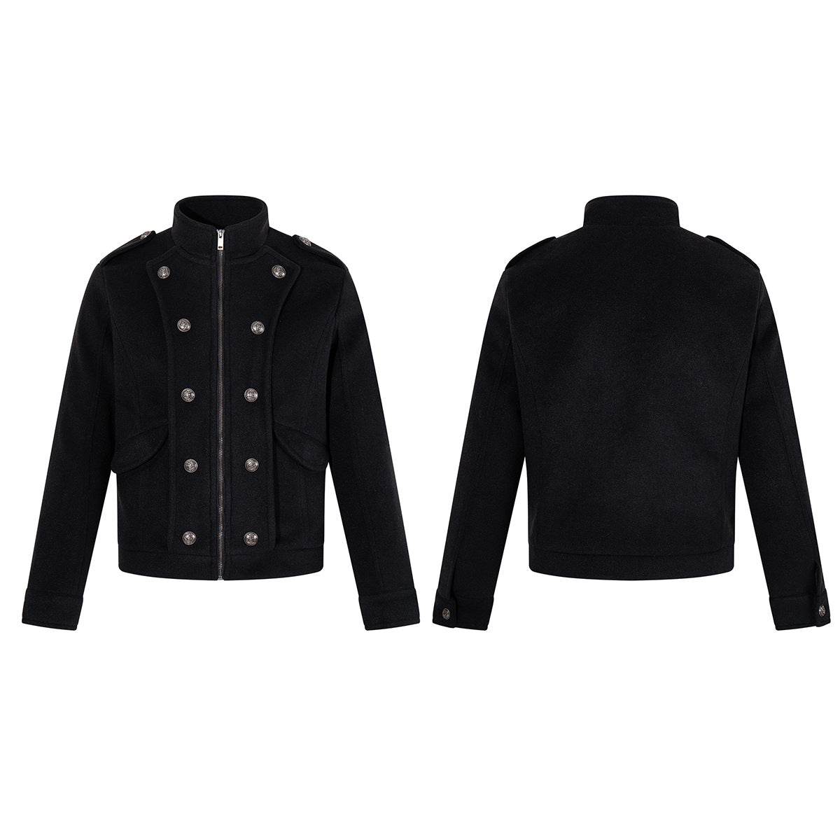 Veste militaire en laine pour homme – Noire, croisée, col montant et coupe courte
