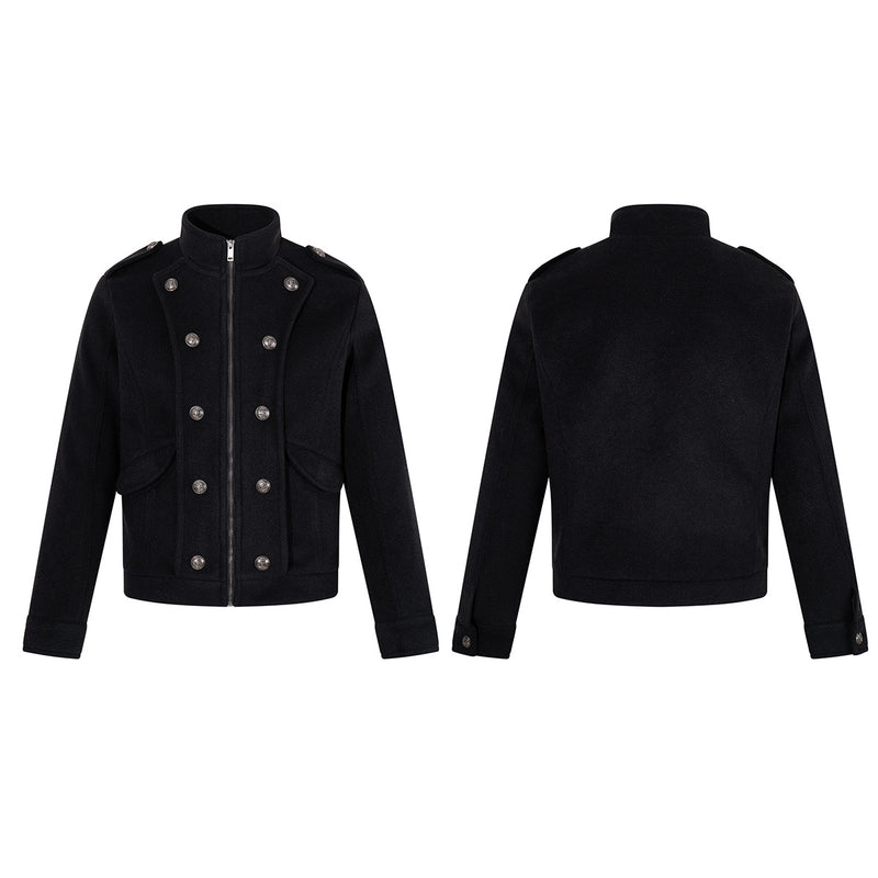 Veste militaire en laine pour homme – Noire, croisée, col montant et coupe courte